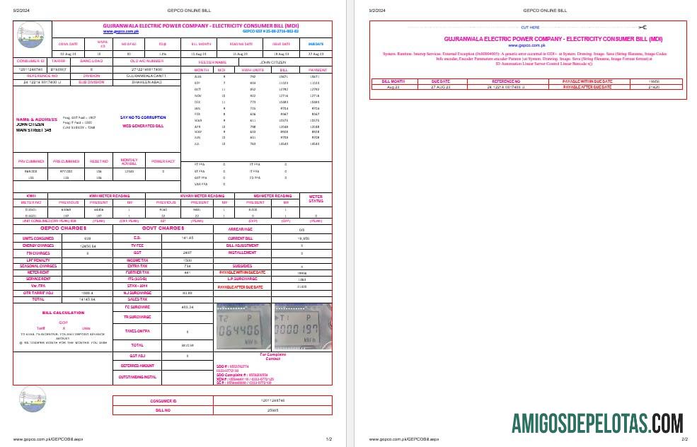 Paquistão Gujranwala Electric Power Company Electricity Utility Bil Formatos Word e PDF, 2 páginas amostra